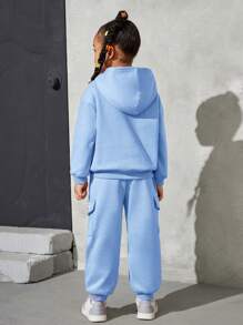 SHEIN 年輕女孩字母拼接袋鼠口袋下墜熱帽衫和汗褲 - 淺藍色 - 查看 2