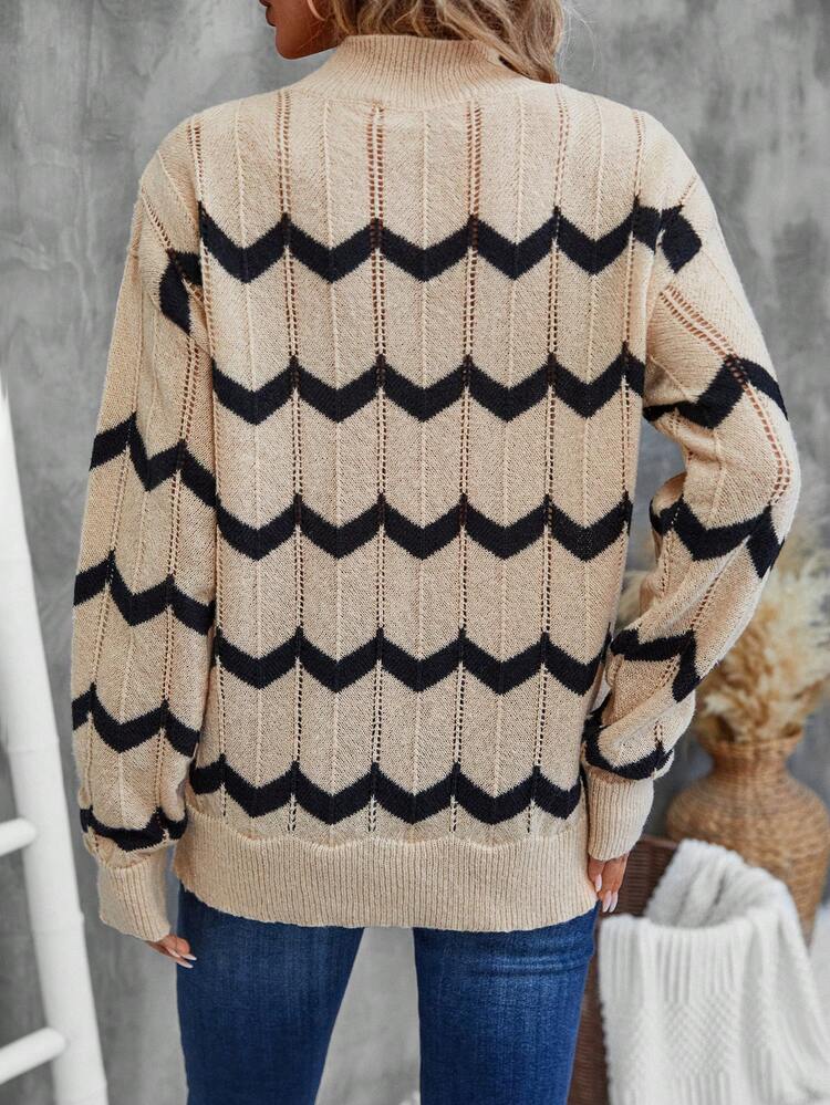Women's Stand Collar Long Sleeve Striped Contrast Design Casual Pullover Sweater Fall Clothes Women