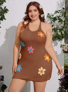Flirla Vestido-jersey de punto abierto con crochet y estampado floral de talla grande - Café integral - Ver 4