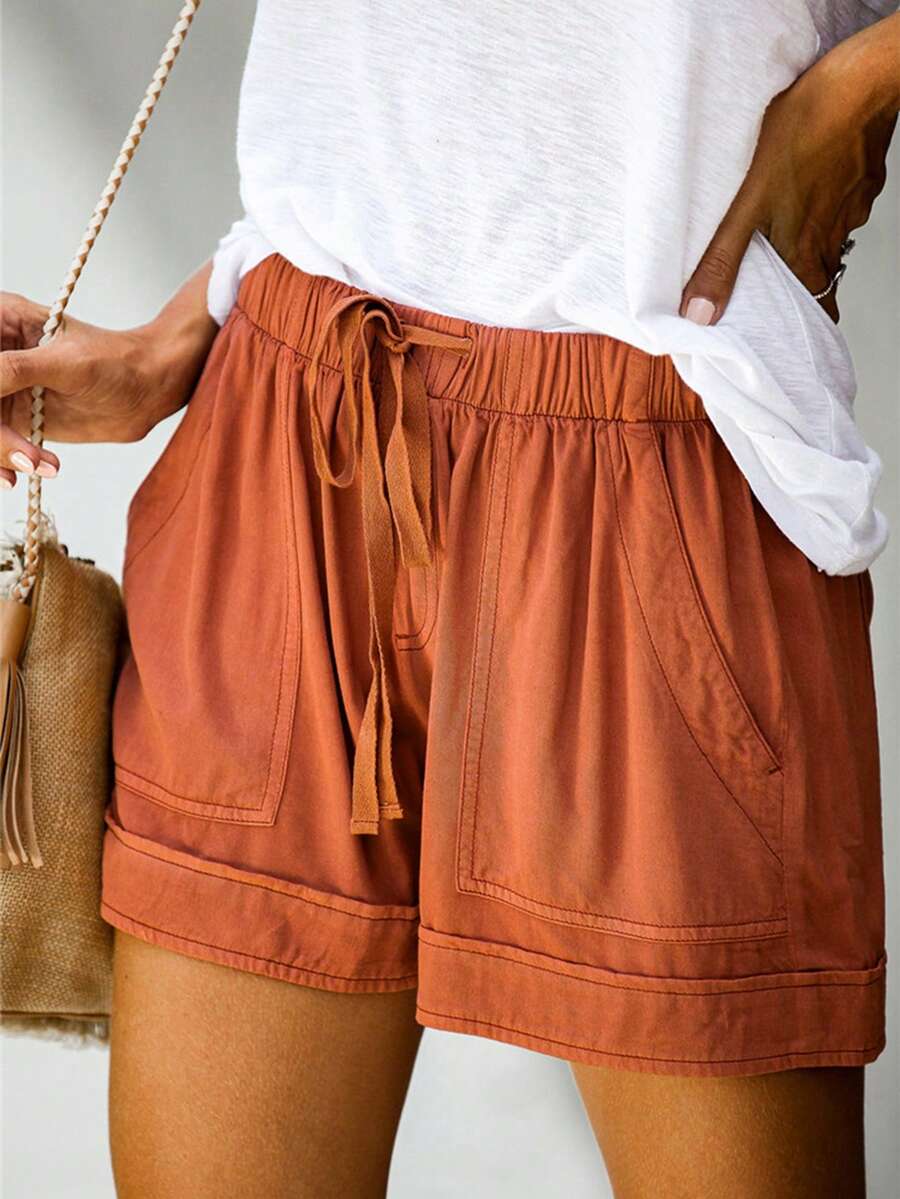 Shorts de moda casuales de unicolor con cintura elástica y bolsillo - Naranja - Ver 1