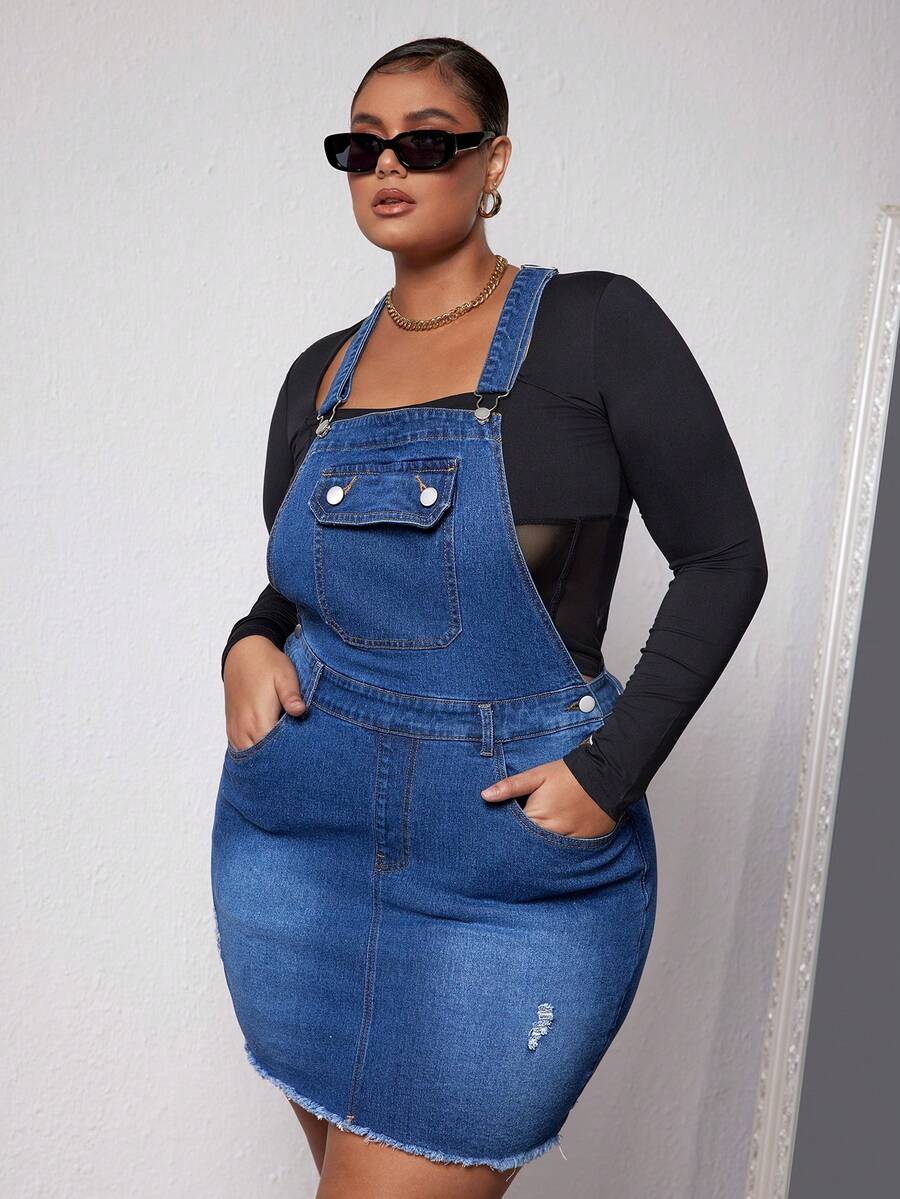 CovetEZ Plus Size Solid Color Pocket Distressed Frayed Edge Pinafore Denim Dress - Dark Wash - View 1