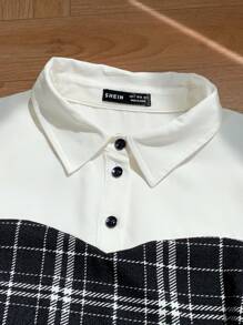 Comfortcana Camisa de manga larga suelta a cuadros empalmada para primavera/verano/otoño, conjunto de 2 piezas - Blanco - Ver 3