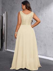 SHEIN Belle Plus Size V-Neck Sleeveless Back Zipper Pleated Dress Maxi Women Outfit