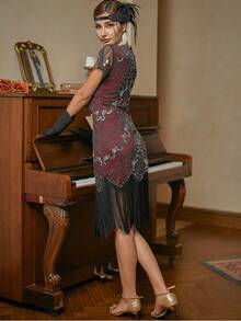 Fringe Hem Sequin Decor Dress 1920s Flapper Dress Long Fringed Gatsby Dress - Burgundy - View 2