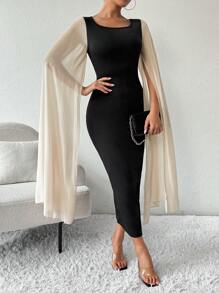 Chiquease Autumn Women Long Patchwork Cloak Sleeve Fitted Dress - Black - View 4
