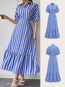 SHEIN Privé Blauw-wit gestreepte lange damesjurk met ruches aan de mouwen