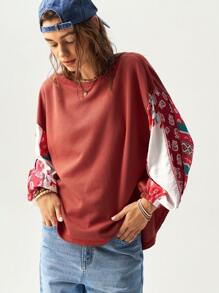 Bohemela Women's Round Neck Long Sleeve Vacation Graphic Loose Casual T-Shirt, Fall - Red - View 2