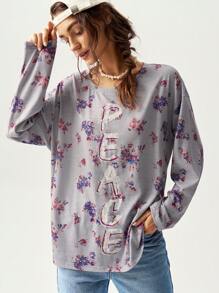 Bohemela Women's Long Sleeve T-Shirt With Ditsy Floral Pattern, For Vacation/Fall - Grey - View 2