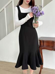 DAZY Vestido de sirena sin mangas de cuello cuadrado sólido para mujer, con volantes, ropa de otoño - Negro - Ver 7