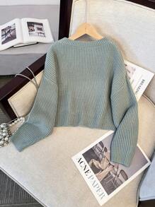 Young Girl Casual Solid Color Round Neck Long Sleeve Knitted Top, Versatile Autumn/Winter
