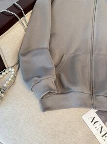Chaqueta con capucha de sudadera con cremallera y estampado de estrella en la espalda, holgada y casual, de urbana, de color gris ultra suelto, de manga caída para niña preadolescente