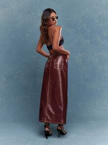 MISSGUIDED 亮面仿皮前开衩长裙圣诞节 - 酒紅色 - 查看 3