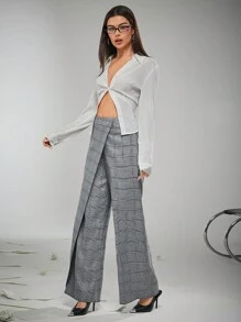 Hauture Plaid Fold Asymmetrical Wide Leg Pants - Black and White - View 7