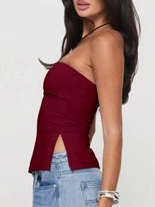 INAWLY Áo ống xẻ tà màu trơn đơn giản mùa hè cho nữ - Màu Đỏ Sâu - Xem 5