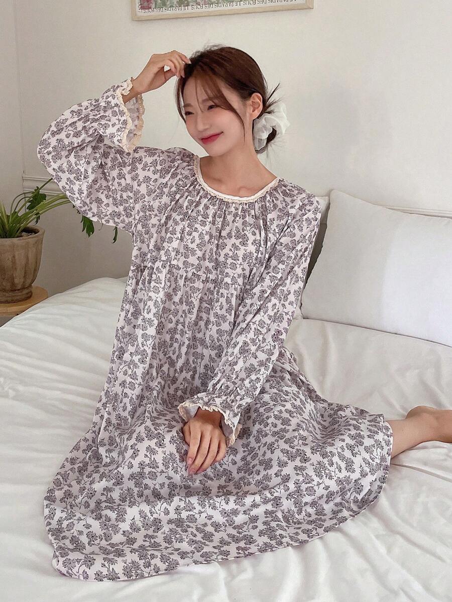 DAZY Floral Lace Ruched Detail Loose Nightgown Pajama - Beige - View 1