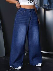 SHEIN ICON Jeans anchos de uso diario casual de talla grande - Azul lavado oscuro - Ver 6