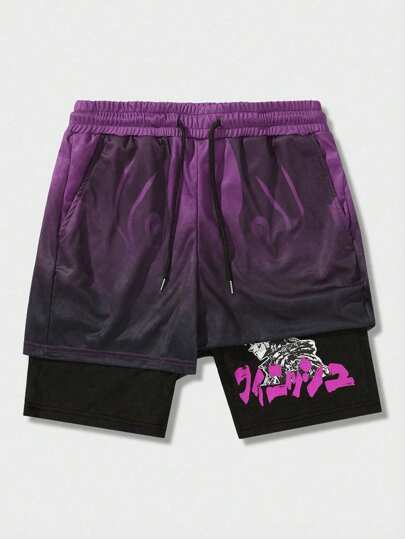 Anime Men Cartoon Printed Gradient Athletic Basketball Shorts With 2 In 1 Design, Breathable And Suitable For Daily Wear In Spring And Summer, School