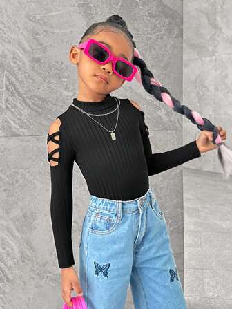 SHEIN Young Girls' Fashion Knit Solid Color Mock Neck Cold Shoulder Long Sleeve Top