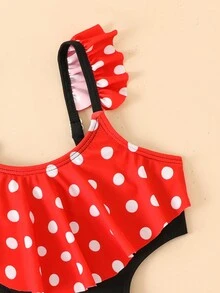 Young Girl Summer Beach Polka Dot Printed Hollow Out Ruffle One-Piece Swimsuit, Random Print - Multicolor - View 3