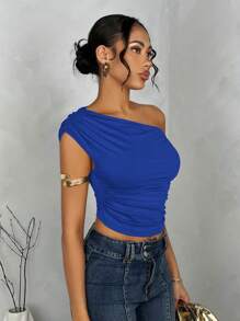 SHEIN BAE Áo cánh mùa hè nhún bèo màu trơn cho nữ - Xanh đậm - Xem 5
