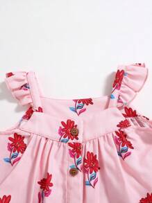 Cozy Pixies 3pcs Baby Girl Ditsy Floral Square Neck Sleeveless Cardigan Shirt And Plain Color Suspender Shorts Set