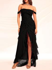 Mesh Ruffle Trim Off Shoulder Ruched Split Thigh Sheer Formal Dress - Black - View 6