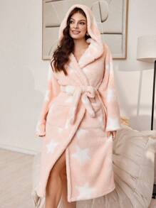 Star Print With Pockets Flannel Hooded Belted Robe For Women, For Fall Winter, Fluffy, Cozy - Baby Pink - View 6