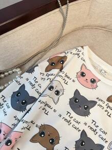 SHEIN Leap Crew 少女寬鬆休閒舒適的套頭衫，貓咪圖案長袖和圓領設計 - 白色 - 查看 4