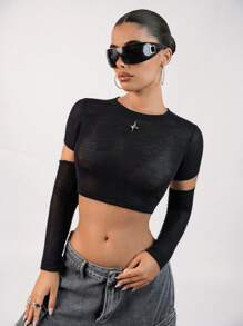 SHEIN ICON 金属扣装饰短款短袖修身套头衫 - 黑色 - 查看 1
