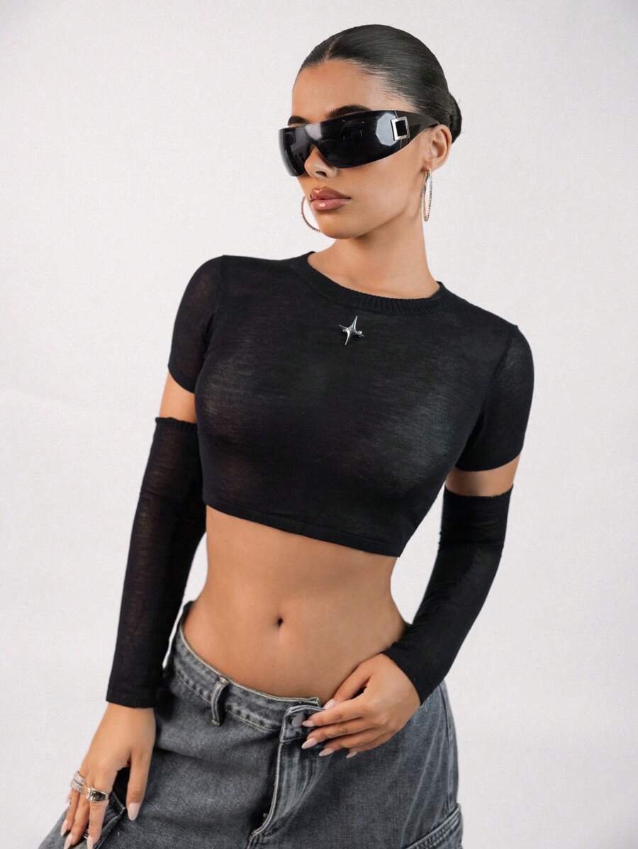 SHEIN ICON 金属扣装饰短款短袖修身套头衫 - 黑色 - 查看 1