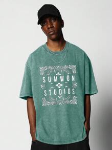 SUMWON Vintage Wash Oversized Lucky Charm Graphic T-Shirt Irish-Themed Studio Print Decorative Border Design St. Patrick's Day Casual Streetwear Lucky Festival Top - Green - View 1