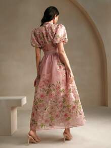 Anewsta 法式优雅花卉提花印花 V 领泡泡袖女式连衣裙，黄色长款女装