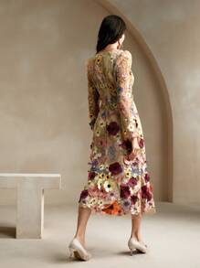 Anewsta 女士方领优雅刺绣手工串珠花卉连衣裙（印花不对称图案） - 杏色 - 查看 2