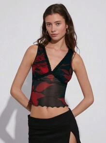 Easelle Summer Floral Print Contrast Lace Lettuce Trim Tank Top
