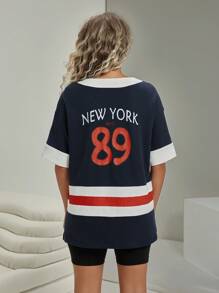 VARSITIE Summer Outdoors & Leisure Basic Print & Drawstring With  Women Sports Sets - Navy Blue - View 2