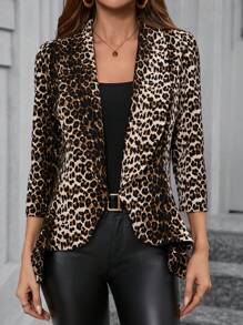 SHEIN Clasi 女士腰部收紧荷叶边下摆 3/4 袖优雅豹纹动物印花西装外套，适合秋冬季通勤、派对、约会 - 彩色 - 查看 6