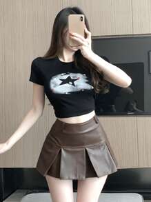 DAZY Váy bút chì PU đơn giản, màu trơn, thường ngày cho nữ, váy da, váy thu - màu nâu - Xem 6