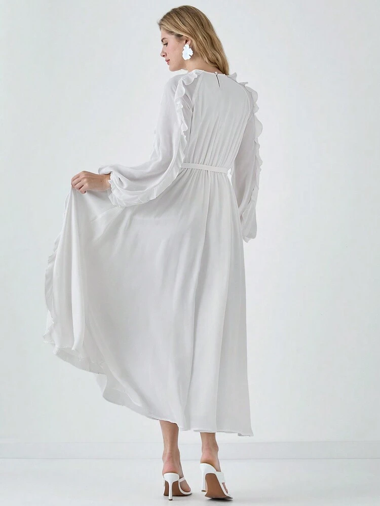 Romantic Fall Holiday White Elegant Long Sleeve Ruffle Hem Midi Casual Dress