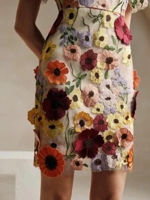 Anewsta 3D 花卉优雅度假泡泡短袖 V 领女式紧身迷你连衣裙 - 彩色 - 查看 4