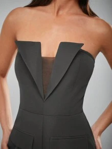 Hauture 翻领抹胸翻盖口袋开衩连体裤