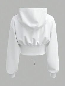 SHEIN EZwear White Knitted Ladies' Hoodie,Long Sleeve Tops In Fall/Winter - White - View 2