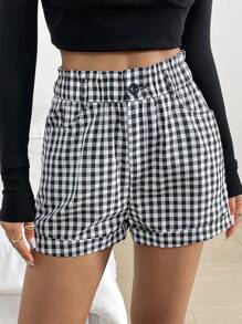 SHEIN Essnce Women's Casual Plaid High Waisted Shorts With Pockets, Summer
