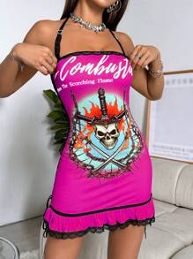 SHEIN Unity Vestido corto con cuello de lazo, borde de contraste, estampado de calavera y letras