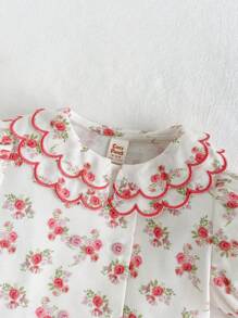 Cozy Pixies 2pcs Baby Girls Plant Floral Pattern Colorblock Ruffled Collar Puff Sleeve Button Front Top And Shorts Casual Outfit - Pink - View 5