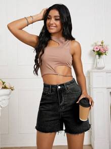 Front Button Multi-Pocket Frayed Hem Casual Denim Shorts - Dark Grey - View 3