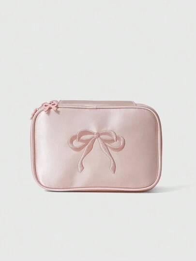 ROMWE Kawaii Bolsa de maquillaje linda con bordado, moño y tela de satén