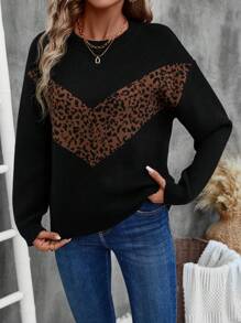 EMERY ROSE Round Neck Long Sleeve Leopard Print Patchwork Casual Top Fall Clothes Women - Black - View 4