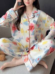 女士彩色长袖上衣和裤子睡衣套装（2件套），春秋季，两件套，秋冬服装