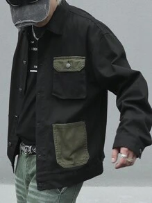 Manfinity Homme Men Spring And Autumn Contrast Color Work Pocket Long Sleeve Loose Casual Denim Jacket - Black - View 5