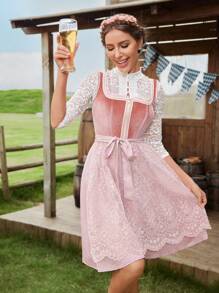 Chiquease 2024 German Oktoberfest Velvet & Lace Adjustable Zipper Front Dress, Pink